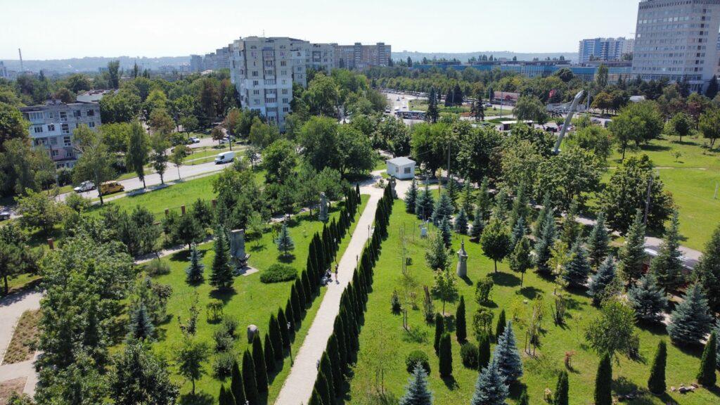 an aerial view of a park in a city